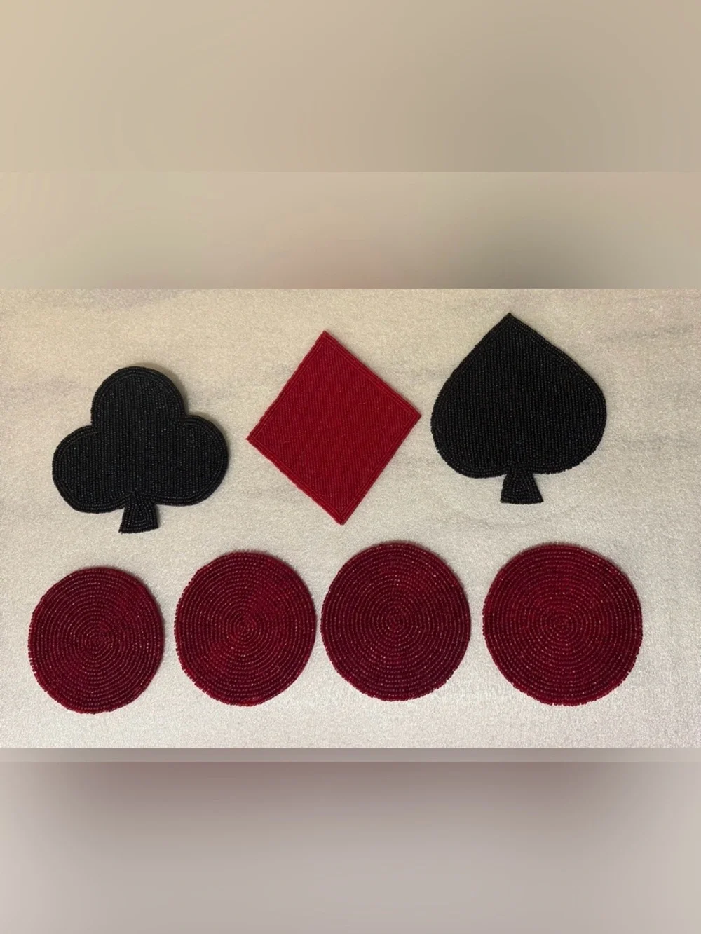 Vintage Beaded Playing Card Coasters Set of 7 Casino Poker Game Night Boho